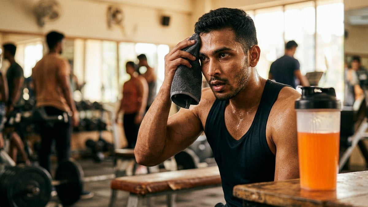 An Indian gym-goer resting on a bench next to a shaker bottle, experiencing the effects of a pre-workout supplement.