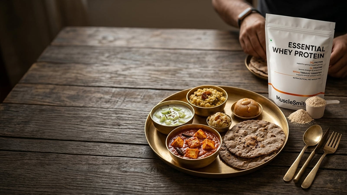 A brass thali with kuttu rotis, tomato paneer, and cucumber raita for a Dussehra diet plan.