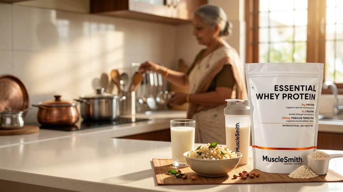 A bowl of sabudana khichdi and a glass of milk on a kitchen counter for a vrat diet.