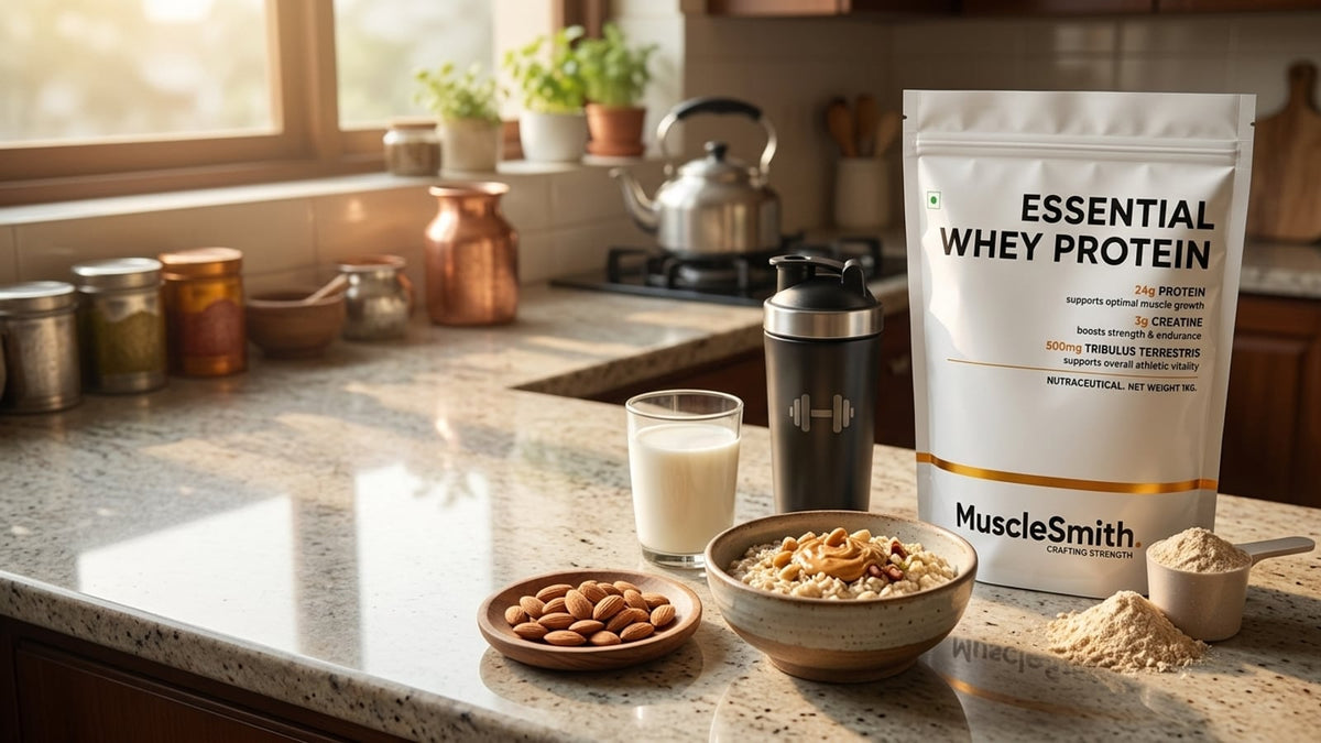 A bowl of oats, milk, and almonds on a kitchen counter for a pre-workout meal.