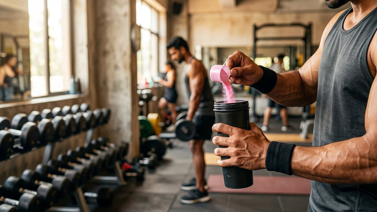 Mixing a scoop of pre-workout powder into a shaker bottle at the gym