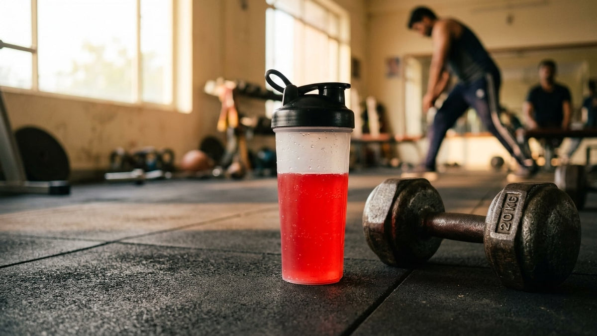 A shaker bottle of red pre-workout drink next to a dumbbell on a gym floor