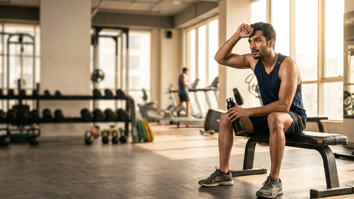 A fit Indian athlete taking a break during a workout inside a modern, sunny gym.