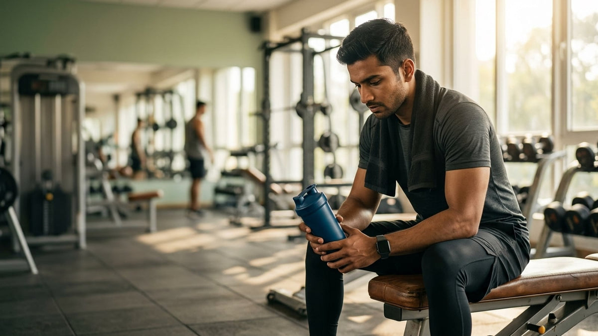 An Indian athlete sitting on a gym bench holding a shaker bottle before a workout session.