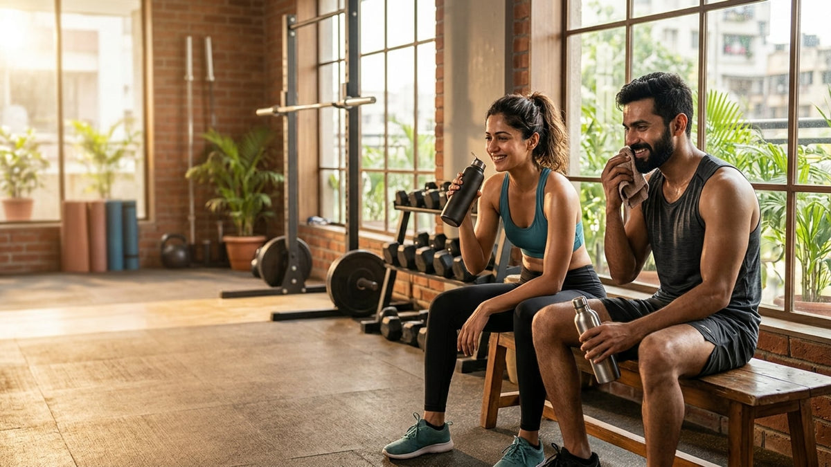 Two athletic Indian gym-goers taking a break after a workout in a bright, modern gym.