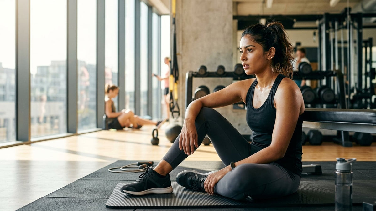 An Indian woman resting and catching her breath inside a sunny, modern gym after an intense workout.