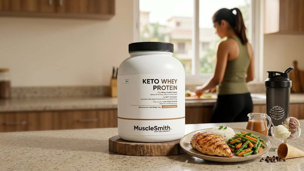 A high-protein, non-vegetarian meal featuring grilled chicken, rice, and vegetables on an Indian kitchen counter.