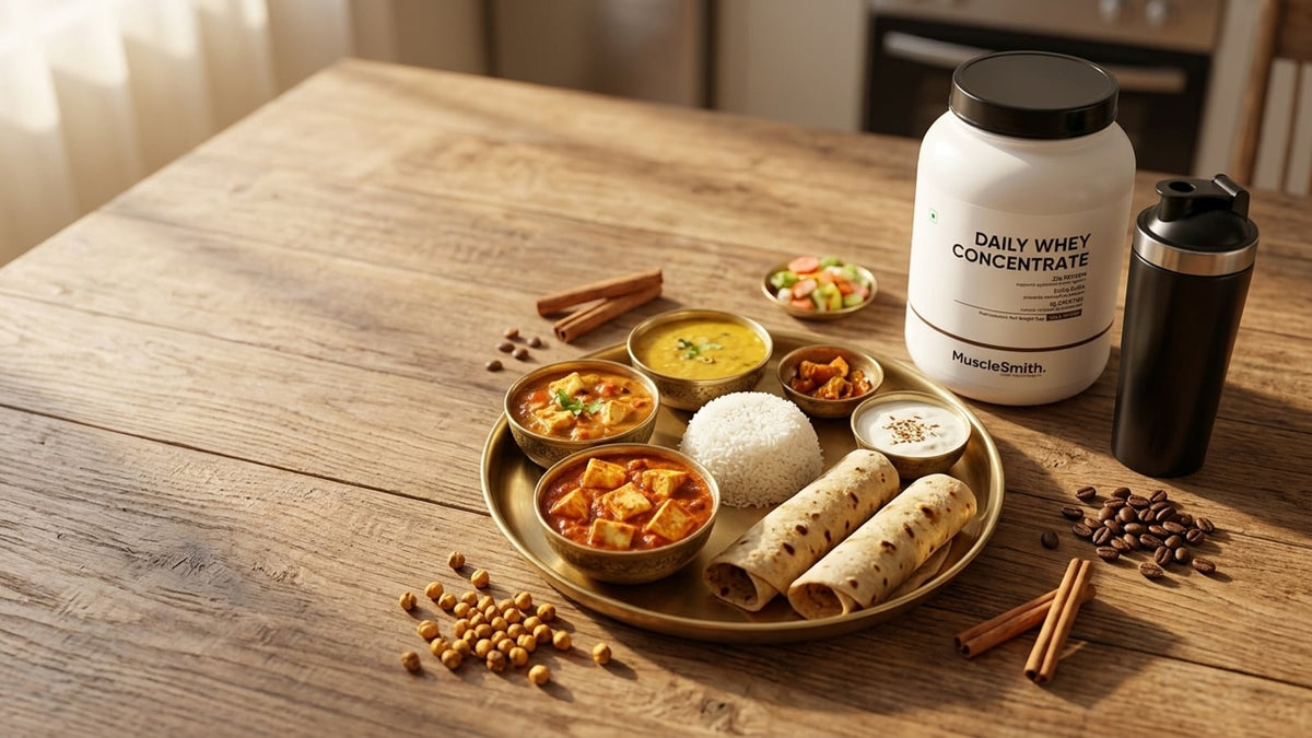 Indian vegetarian thali with paneer and dal next to a shaker bottle