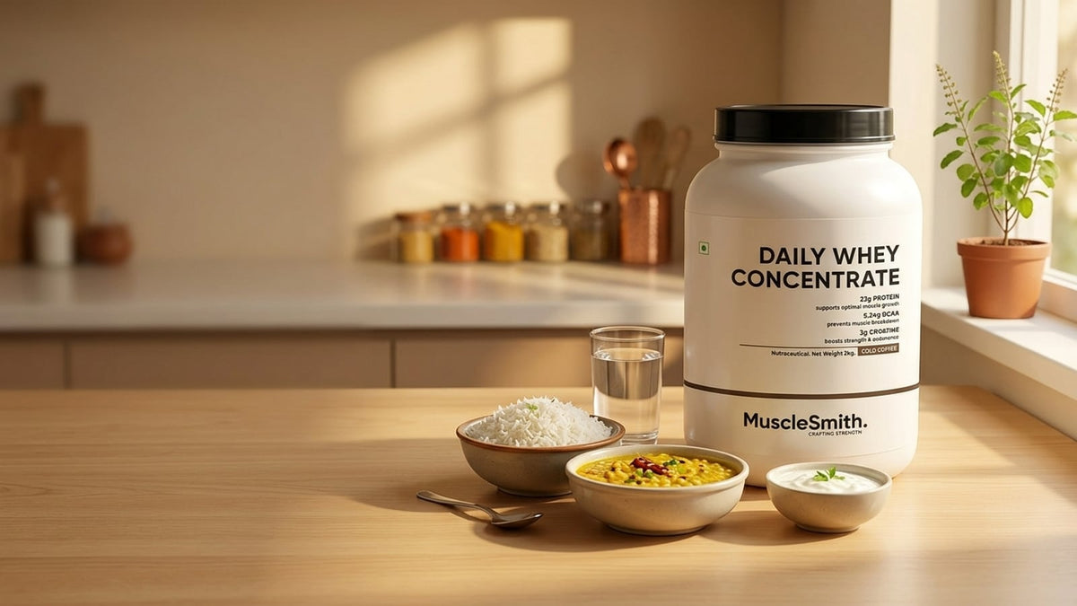 A gut-friendly Indian vegetarian meal with white rice, yellow dal, and curd on a wooden table.