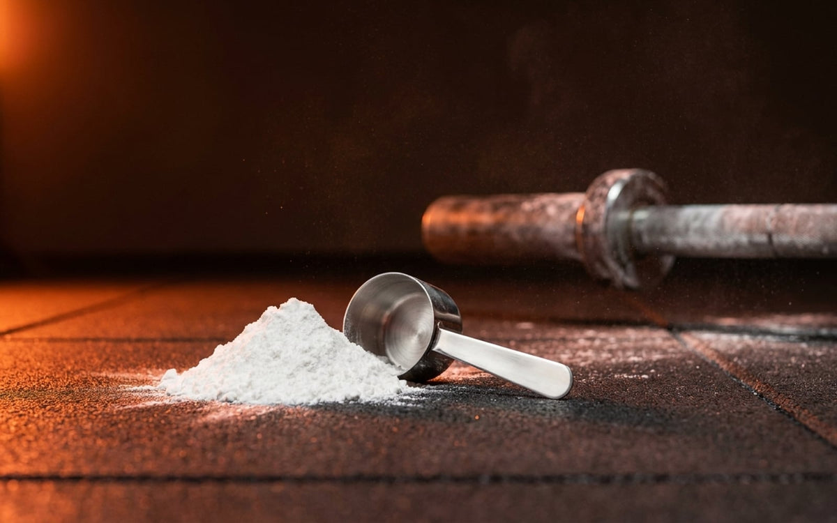 Creatine powder and a scoop beside a chalked barbell