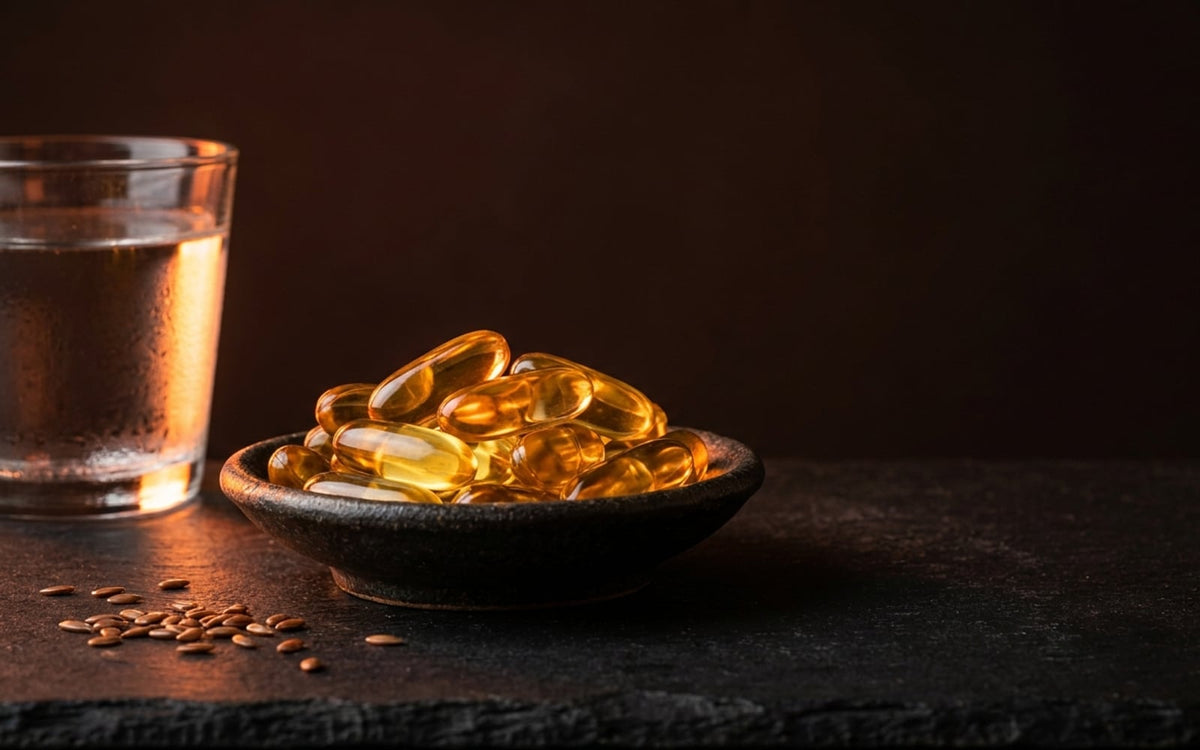 Golden fish-oil softgels beside flax seeds
