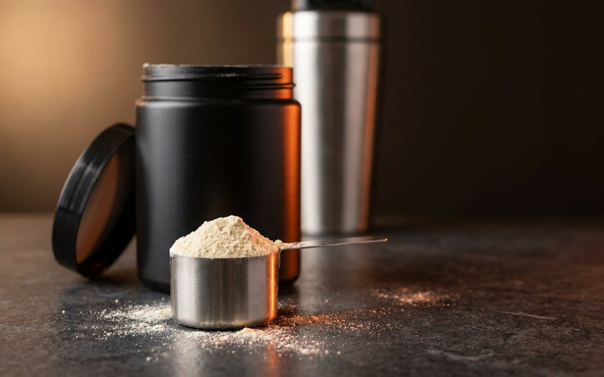 A scoop of whey protein powder on a dark gym counter