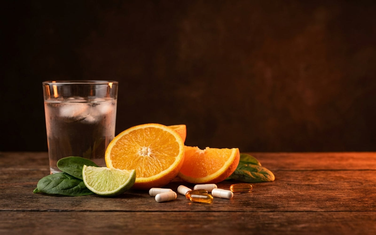Plain vitamin capsules with citrus and greens
