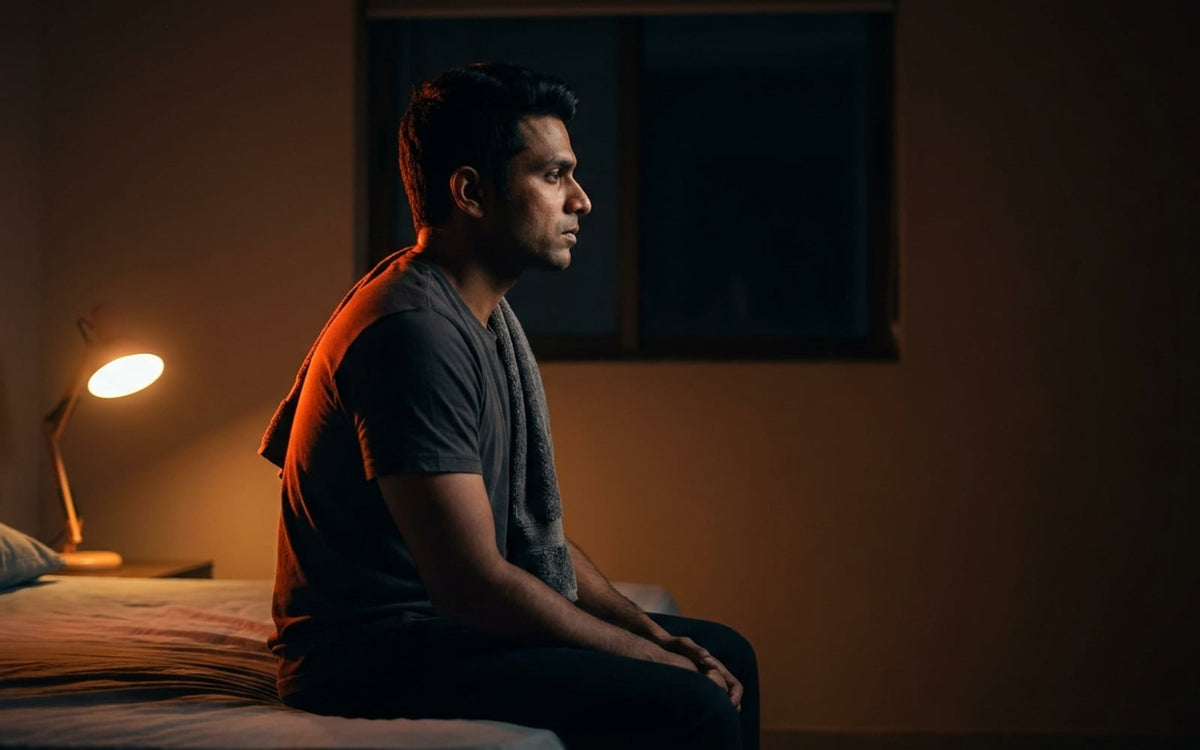 An athlete resting in a dim room after training
