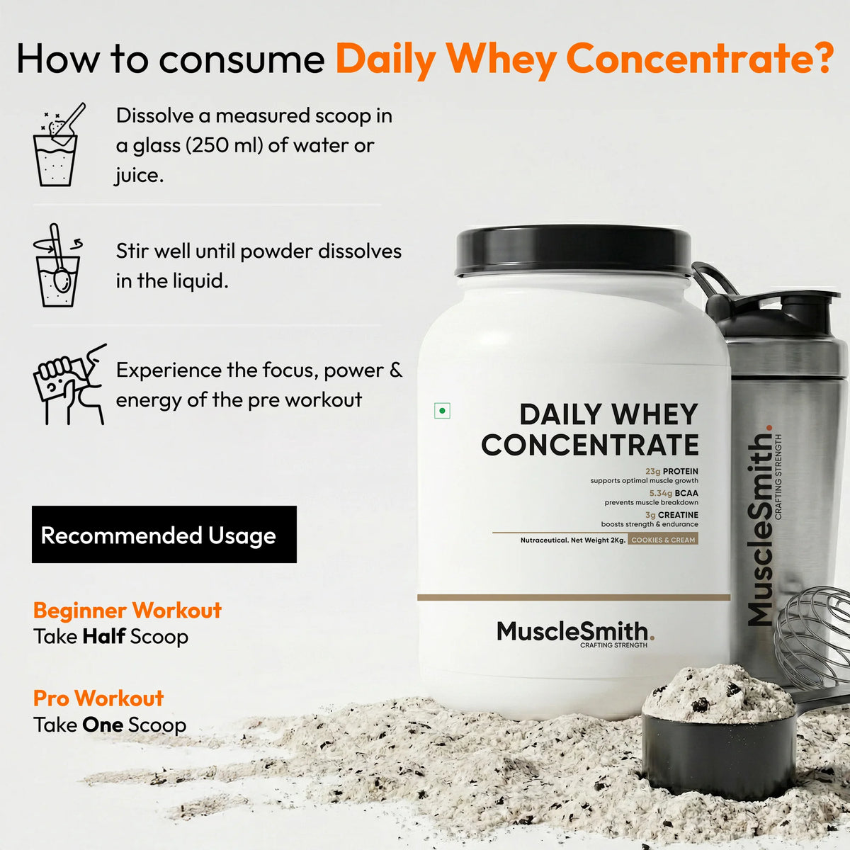 MuscleSmith Daily Whey Concentrate protein powder with usage instructions on a light gray background